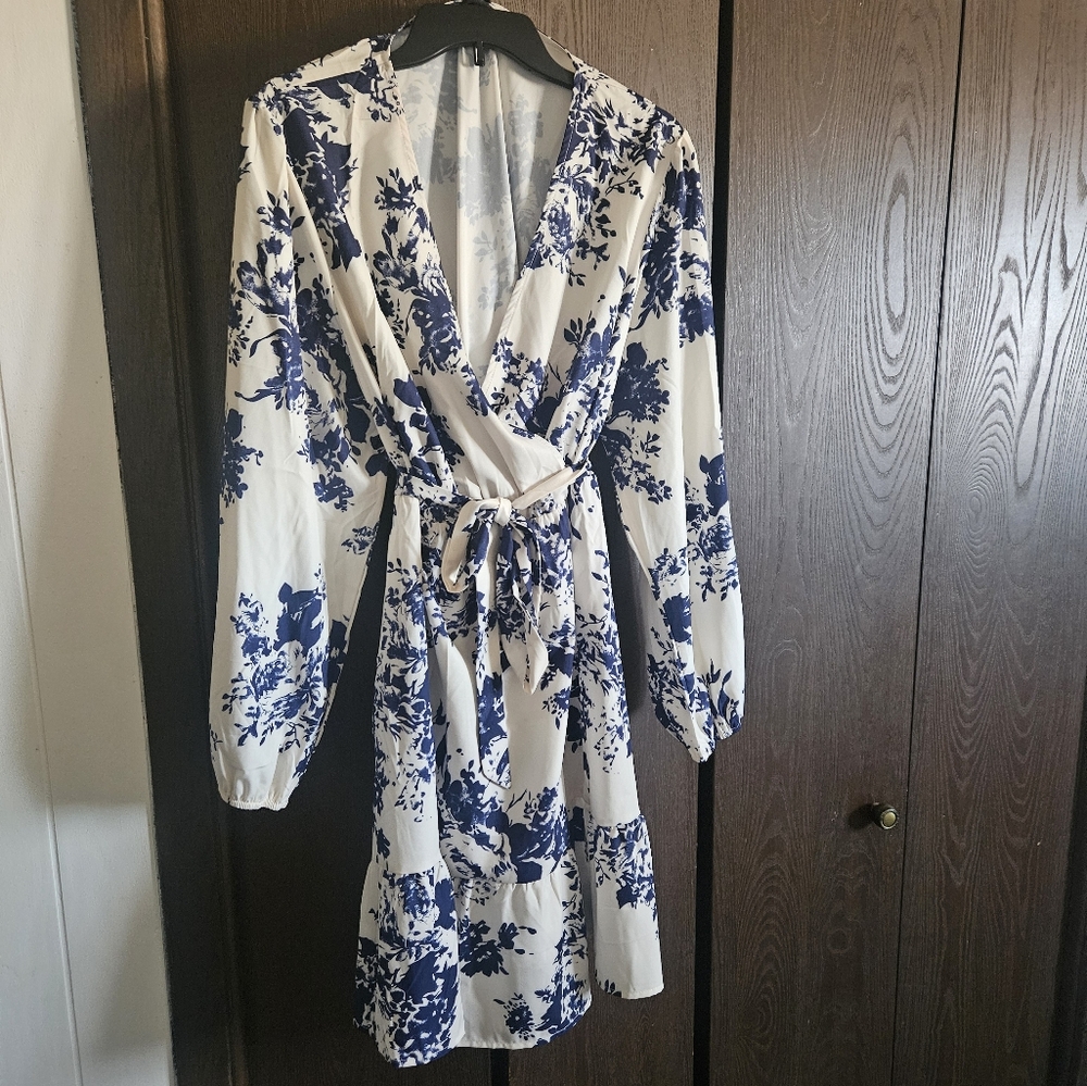 Elegant Blue and White Floral Faux Wrap Dress